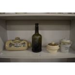 A George III green glass wine bottle, Doulton foot warmer and other items.