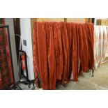 A set of six crimson cut velour curtains, each approx 280cm drop x 90cm at the heading.