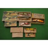 Six boxed carved and painted wood fishing lures by Pflueger & Allcock & Co 'Shurkatch' etc.