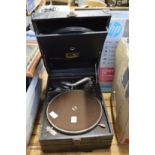 A HMV portable gramophone.