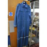 An unusual oil rig workers set of blue overalls.