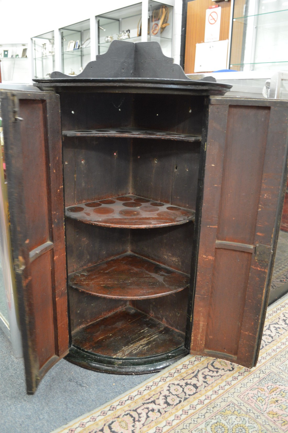 A George III lacquer bow front hanging corner cupboard with painted decoration depicting a classical - Image 2 of 2