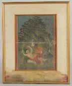 A 19TH CENTURY KHMER DOUBLE-SIDED PAINTING, depicting a man spearing another man, the verso with a