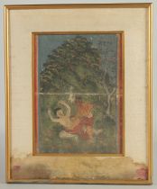 A 19TH CENTURY KHMER DOUBLE-SIDED PAINTING, depicting a man spearing another man, the verso with a