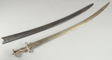 A 19TH CENTURY INDIAN TULWAR SWORD and scabbard, sword 92cm long.