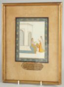 A 19TH CENTURY INDIAN MINIATURE PAINTING ON PAPER, depicting a princess excepting a flower from a