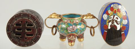 THREE SMALL CHINESE TRINKETS; a miniature cloisonne censer, a cloisonne lidded box, and a