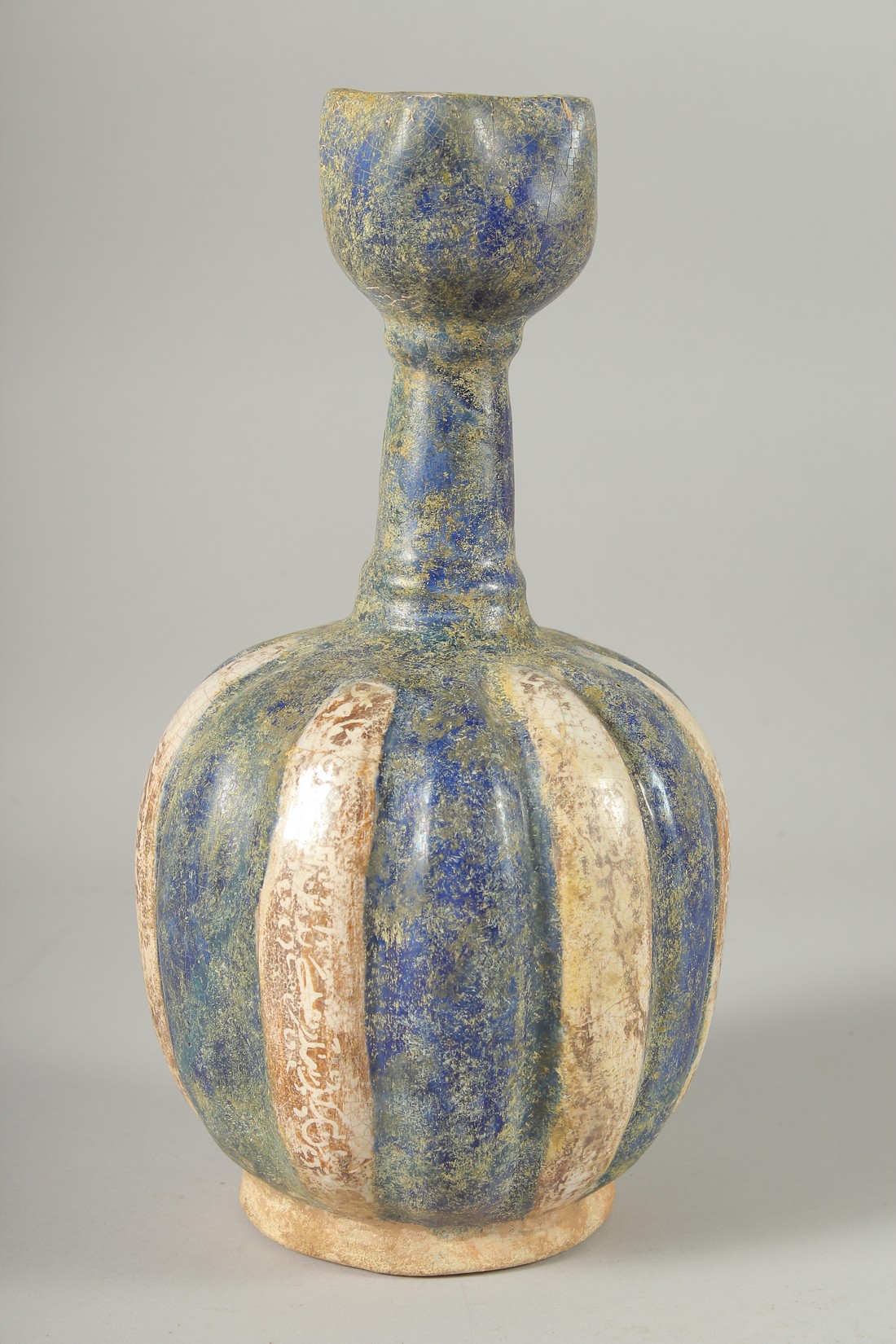 A KASHAN STYLE GLAZED POTTERY VASE, the body of ribbed form with panels of - Image 2 of 6