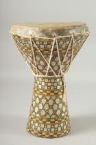 AN OTTOMAN MOTHER OF PEARL AND BONE INLAID DRUM, 30.5cm high.