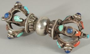 A RARE 19TH-20TH CENTURY TIBETAN MONGOLIAN TURQUOISE, LAPIS AND CORAL INSET SILVER VAJRA ORNAMENT,