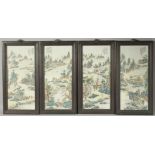 FOUR CHINESE FAMILLE VERTE PORCELAIN PANELS, inset within wooden frames, each depicting