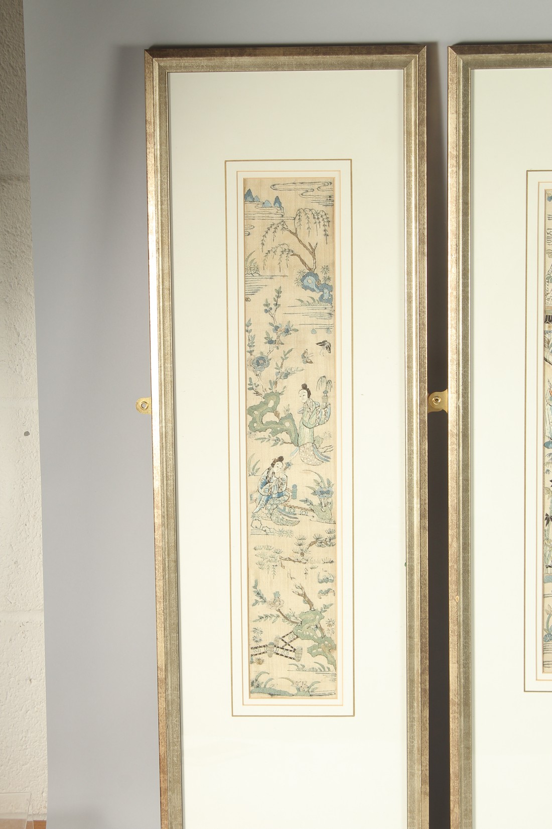 FOUR 19TH CENTURY OR EARLIER CHINESE EMBORIDERED SILK TEXTILES, decorated with female figures in - Image 2 of 5