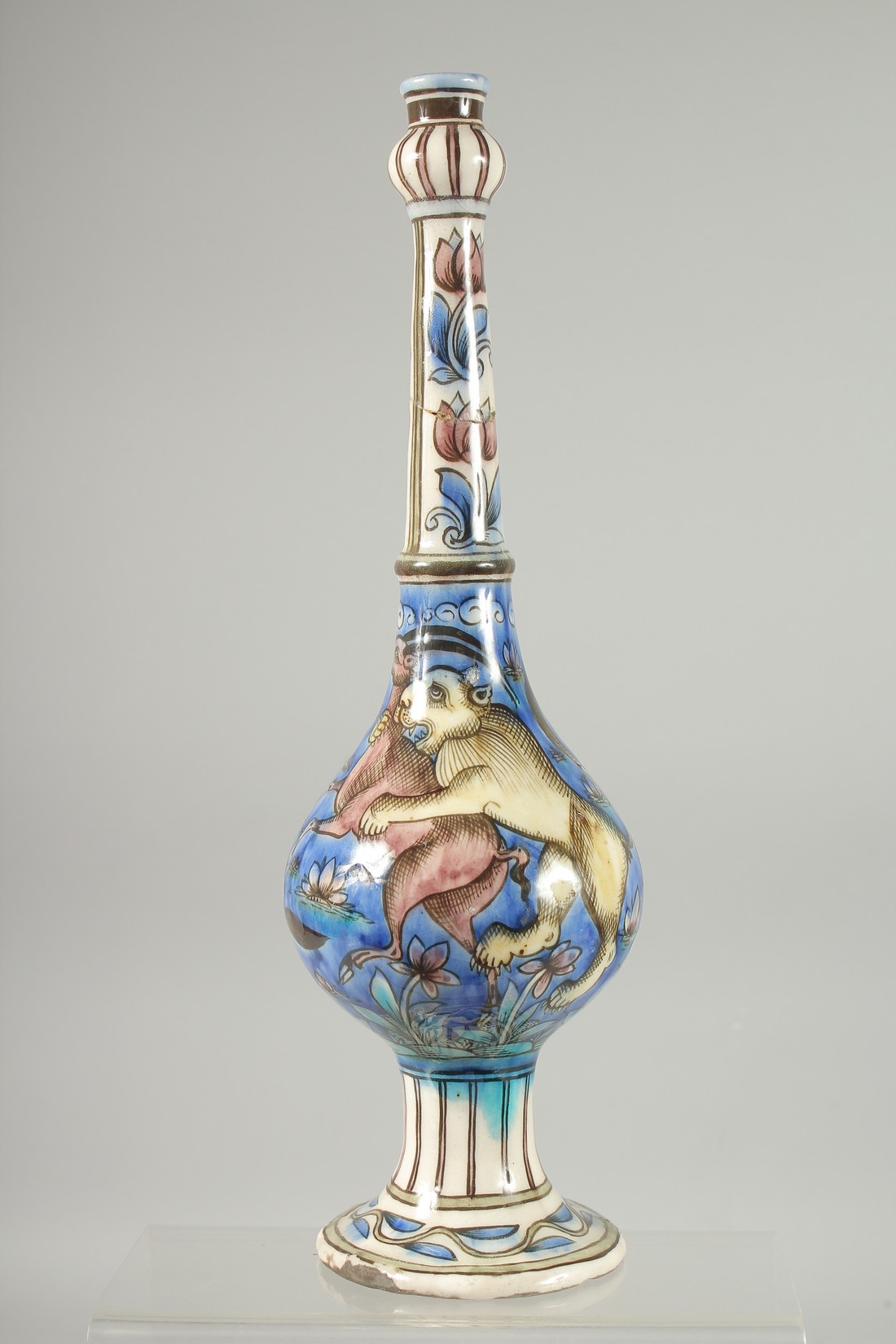 A FINE 19TH CENTURY PERSIAN QAJAR GLAZED POTTERY BOTTLE VASE, painted with animals, (neck repair), - Image 3 of 6