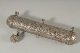 A 19TH CENTURY OTTOMAN OR PERSIAN SILVER QURAN SCROLL HOLDER, stamped,10.5cm long.