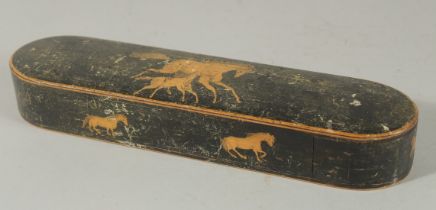 A PERSIAN WOODEN PEN CASE with horses, 24cm long.