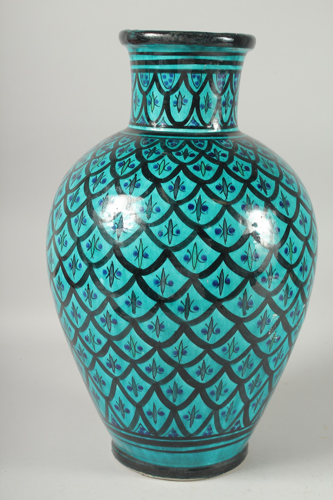 A LARGE ARABIC TURQUOISE GLAZED POTTERY VASE, signed to the base, 42cm high. - Image 4 of 6