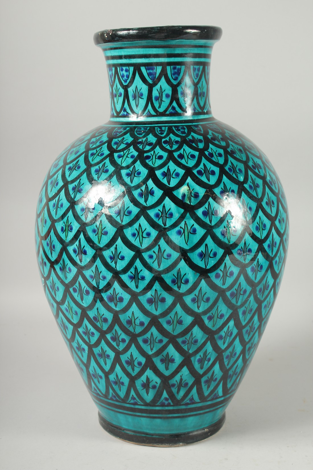 A LARGE ARABIC TURQUOISE GLAZED POTTERY VASE, signed to the base, 42cm high. - Image 3 of 6