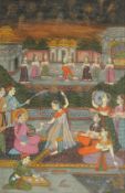 AN INDIAN MINIATURE PAINTING, depicting a seated dignitary and dancing ladies, framed and glazed,