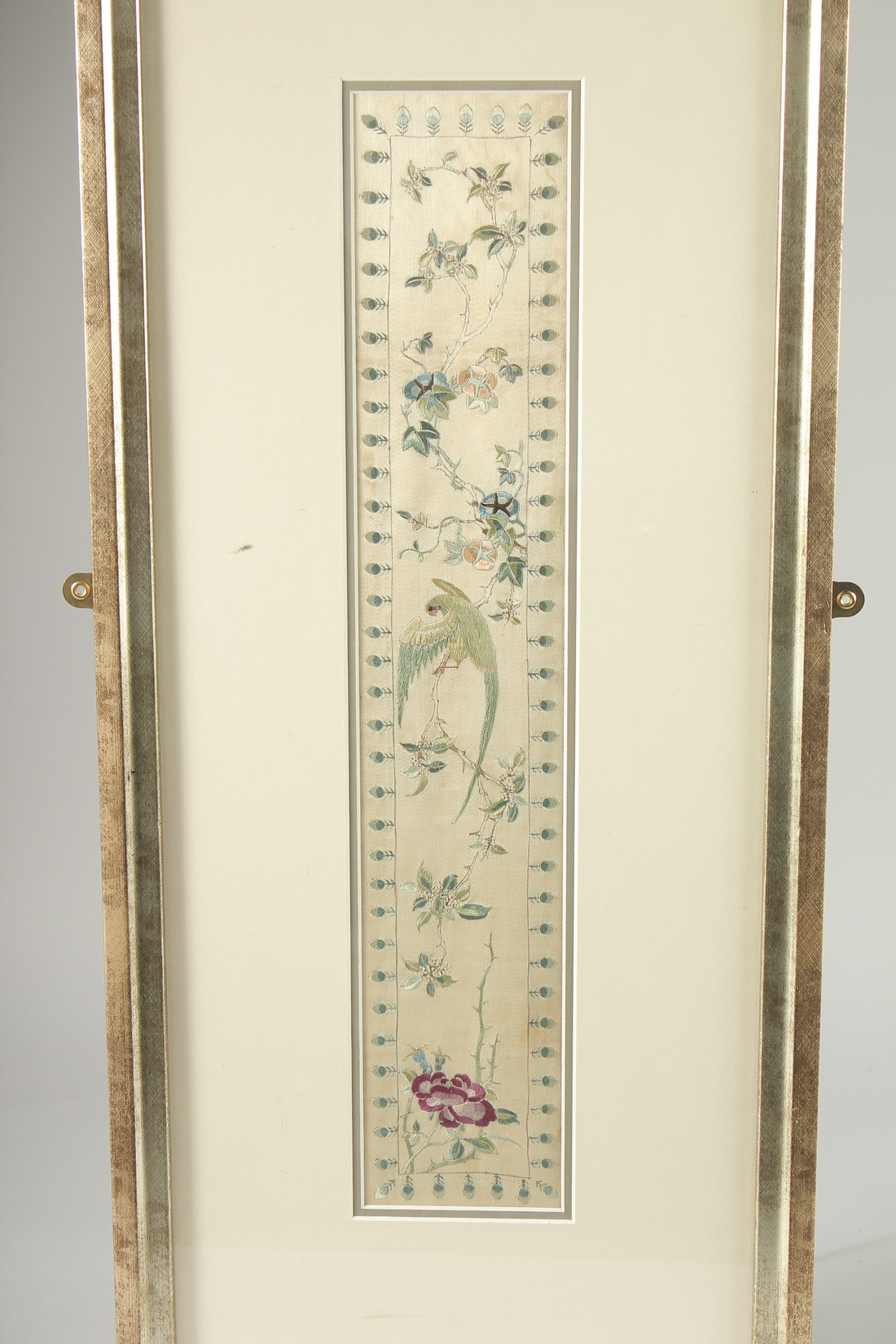 A FINE 19TH CENTURY OR EARLIER CHINESE EMBROIDERED SILK TEXTILE PANEL, decorated with a bird and - Image 2 of 3