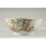 A CHINESE EXPORT FAMILLE ROSE PORCELAIN BOWL, the exterior painted with panels depicting scenes with