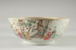 A CHINESE EXPORT FAMILLE ROSE PORCELAIN BOWL, the exterior painted with panels depicting scenes with