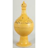 A CHINESE MING STYLE YELLOW GLAZE PORCELAIN INCENSE BURNER, with incised foliate decoration, the