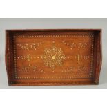 AN ANGLO INDIAN BONE INLAID WOODEN TRAY, 28cm x 45cm.