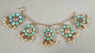 A FINE 19TH CENTURY MUGHAL GOLD, ENAMEL, SEED PEARL AND TURQUOISE JEWELLERY ELEMENT, with flower