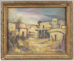 KHALID AL-JADIR (1924-1988, IRAQ), OIL ON BOARD PAINTING OF A MIDDLE EASTERN VILLAGE SCENE,