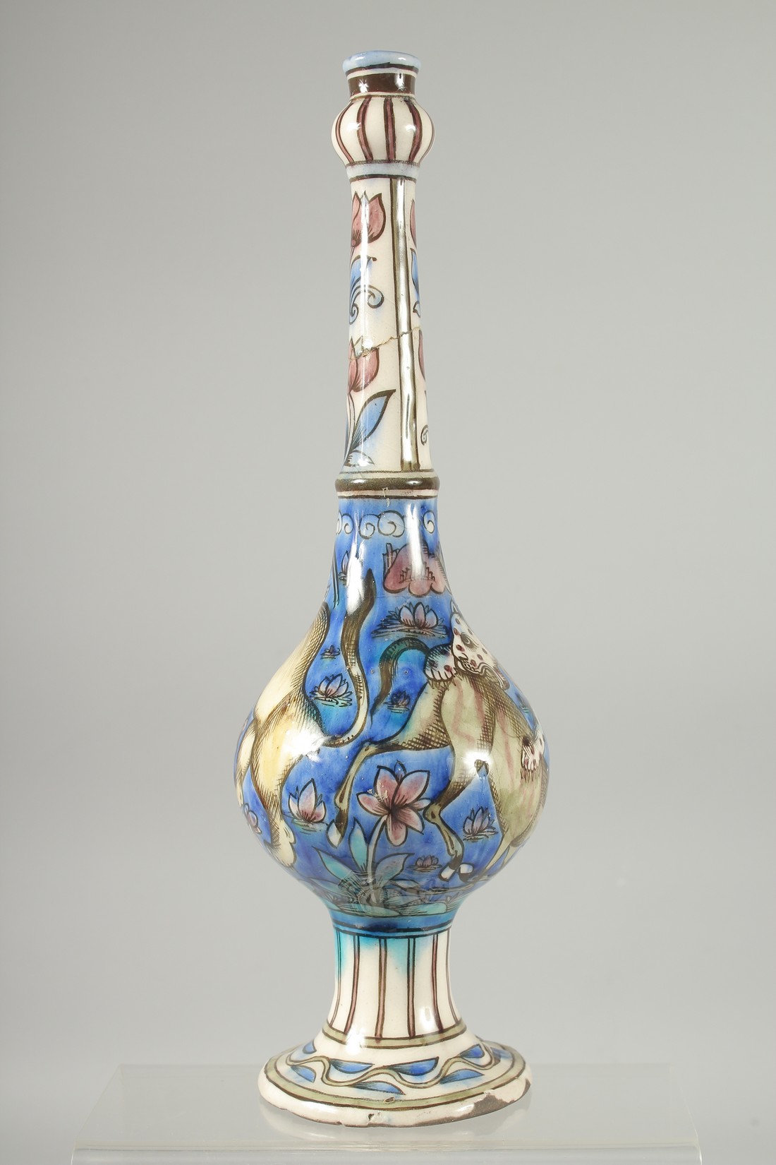 A FINE 19TH CENTURY PERSIAN QAJAR GLAZED POTTERY BOTTLE VASE, painted with animals, (neck repair), - Image 2 of 6