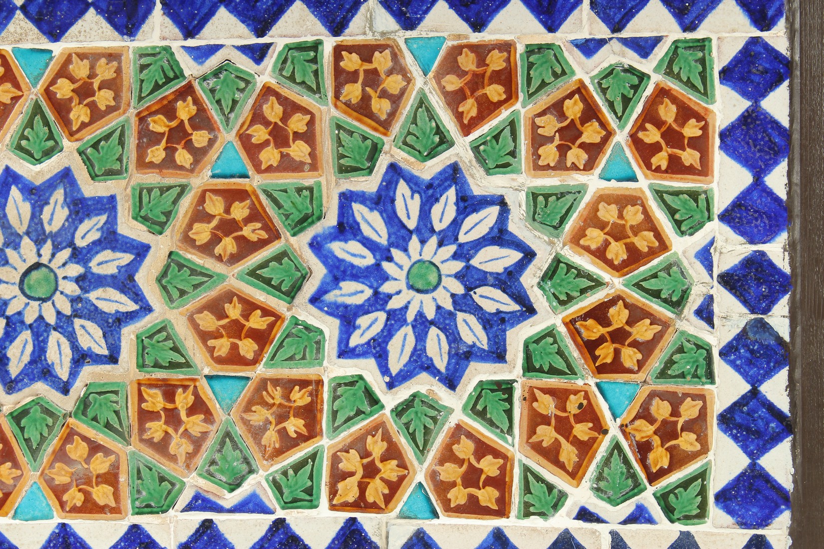 A FINE LARGE 19TH CENTURY INDIAN GLAZED POTTERY TILED PANEL, inset within a wooden frame; possibly a - Image 3 of 4