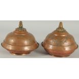 A RARE PAIR OF 18TH CENTURY OTTOMAN TURKISH GILDED COPPER TOMBAK LIDDED DISHES, 16.5cm diameter.