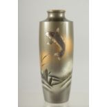 A JAPANESE MIXED METAL / BRASS VASE, with sprayed and engraved decoration depicting a carp, 18cm