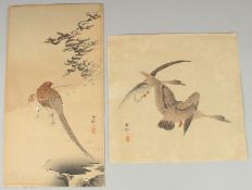 KOSON OHARA (1877-1945): GEESE FLYING, PHEASANT IN THE SNOW; two original early 20th century