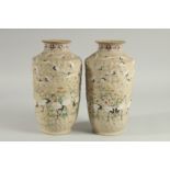 AN UNUSUAL PAIR OF JAPANESE POTTERY VASES, with enamel painted decoration of cranes and flora,