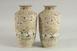 AN UNUSUAL PAIR OF JAPANESE POTTERY VASES, with enamel painted decoration of cranes and flora,