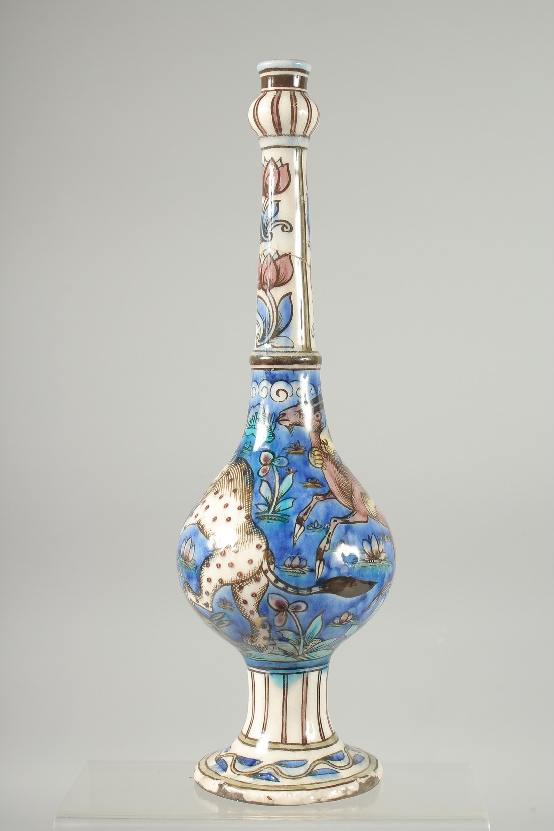 A FINE 19TH CENTURY PERSIAN QAJAR GLAZED POTTERY BOTTLE VASE, painted with animals, (neck repair), - Image 4 of 6