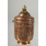 AN 18TH CENTURY OTTOMAN TURKISH TOMBAK GILDED COPPER LIDDED CUP, 14cm high.