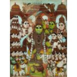 A FINE LARGE 19TH CENTURY SOUTH INDIAN TANJORE REVERSE GLASS PAINTING, depicting the coronation of