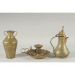 THREE 19TH CENTURY IRANIAN ENGRAVED BRASS PIECES; comprising a twin handle vase / vessel with