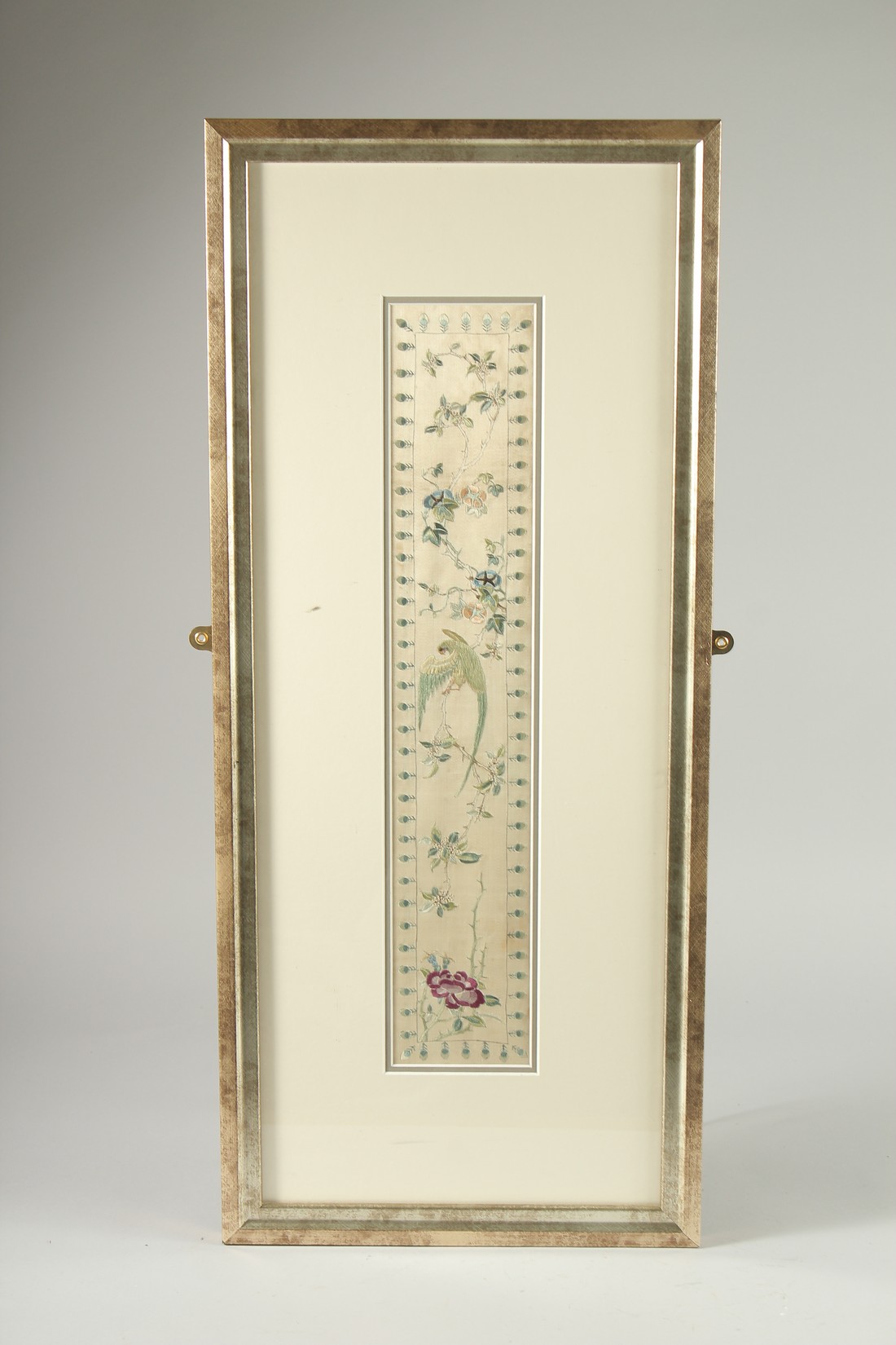 A FINE 19TH CENTURY OR EARLIER CHINESE EMBROIDERED SILK TEXTILE PANEL, decorated with a bird and