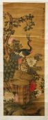 A GOOD CHINESE HANGING SCROLL PAINTING ON SILK OF A PEACOCK AFTER SHEN QUAN, the scroll bearing a