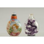 TWO CHINESE PEKING GLASS SNUFF BOTTLES, one painted with European subject.