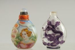 TWO CHINESE PEKING GLASS SNUFF BOTTLES, one painted with European subject.