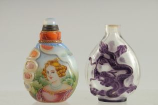 TWO CHINESE PEKING GLASS SNUFF BOTTLES, one painted with European subject.