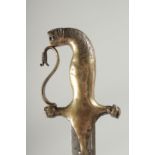AN INDIAN MYSORE SWORD, the silver gilt hilt with lion's head pommel and quillon terminals,