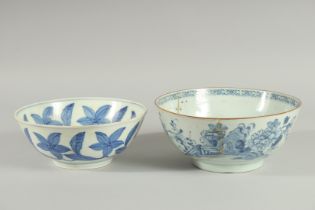 TWO CHINESE BLUE AND WHITE PORCELAIN BOWLS, one bowl possibly Ming dynasty, (af), (2).