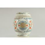 A CHINESE BARREL-FORM PORCELAIN JAR AND COVER, painted with longevity symbol, base with six-