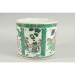 A LARGE CHINESE FAMILLE VERTE PORCELAIN BRUSH POT, painted with panels of figures, flora and