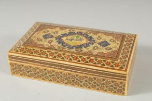 A PERSIAN KHATAM KARI JEWELLERY BOX, with micro mosaic and bone inlay, the lid with miniature